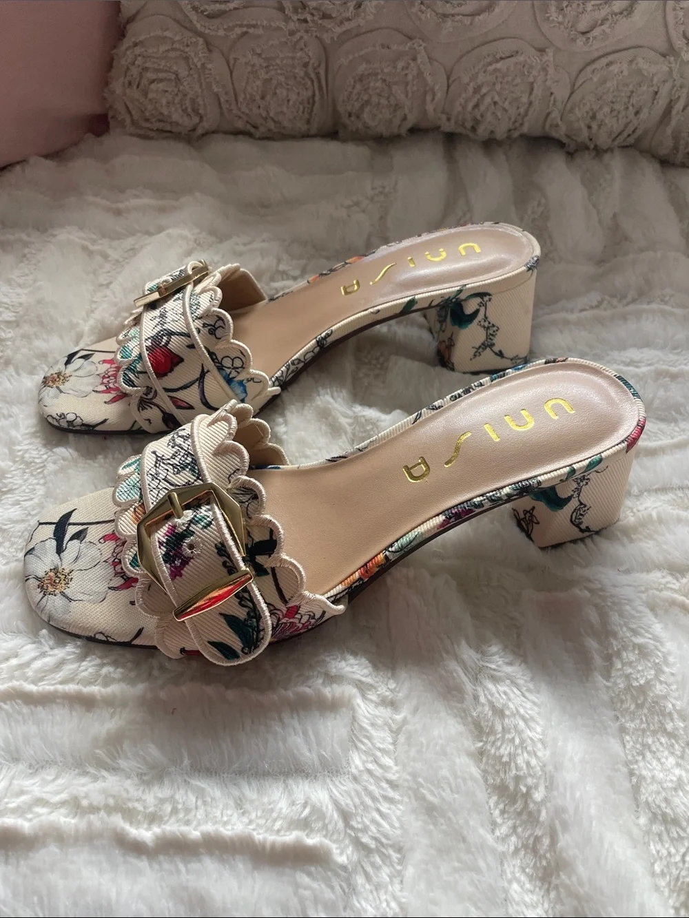 Unisa Cream Floral Buckle Scalloped Mules - Picture 2 of 4